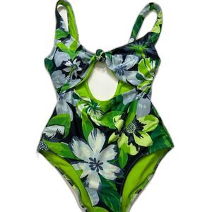 Aerie one piece swimsuit full coverage green floral print swimwear scoop back S